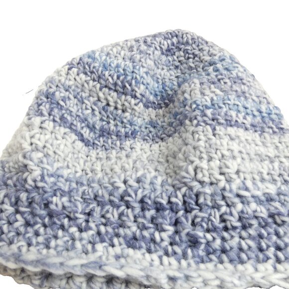 Blue Wool Slouchy Cap Striped Hat Baggy Beanie Handmade Crochet Hand Knit USA OS - Picture 6 of 7